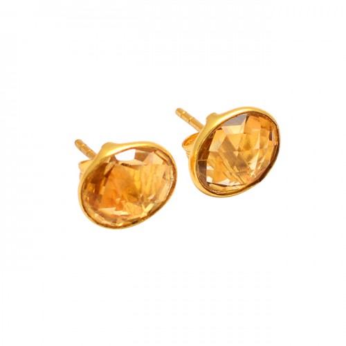 Oval Shape Citrine Gemstone 925 Sterling Silver Gold Plated Handmade Stud Earrings