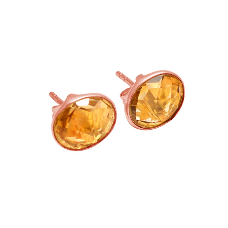 Oval Shape Citrine Gemstone 925 Sterling Silver Gold Plated Handmade Stud Earrings