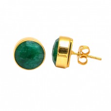 925 Sterling Silver Emerald Round Shape Gemstone Gold Plated Stud Earrings