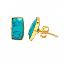Rectangle Shape Turquoise Gemstone 925 Sterling Silver Gold Plated Stud Earrings