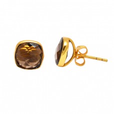 Cushion Shape Smoky Quartz Gemstone 925 Sterling Silver Gold Plated Stud Earrings