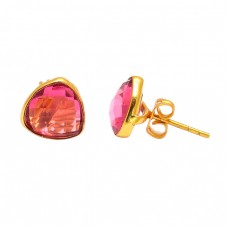 Triangle Shape Pink Quartz Gemstone 925 Sterling Silver Gold Plated Stud Earrings