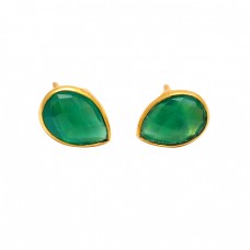 Pear Shape Green Onyx Gemstone 925 Sterling Silver Gold Plated Stud Earrings