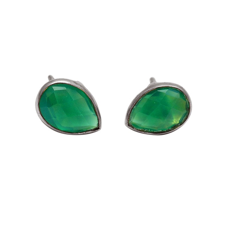 Pear Shape Green Onyx Gemstone 925 Sterling Silver Gold Plated Stud Earrings