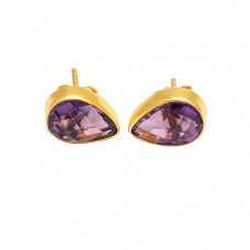 Pear Shape Amethyst Gemstone 925 Sterling Silver Gold Plated Handmade Stud Earrings