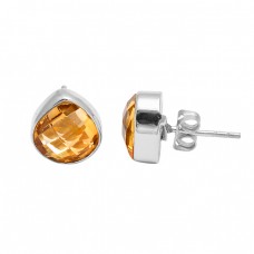 Briolette Heart Shape Citrine Gemstone Handcrafted Gold Plated Stud Earrings