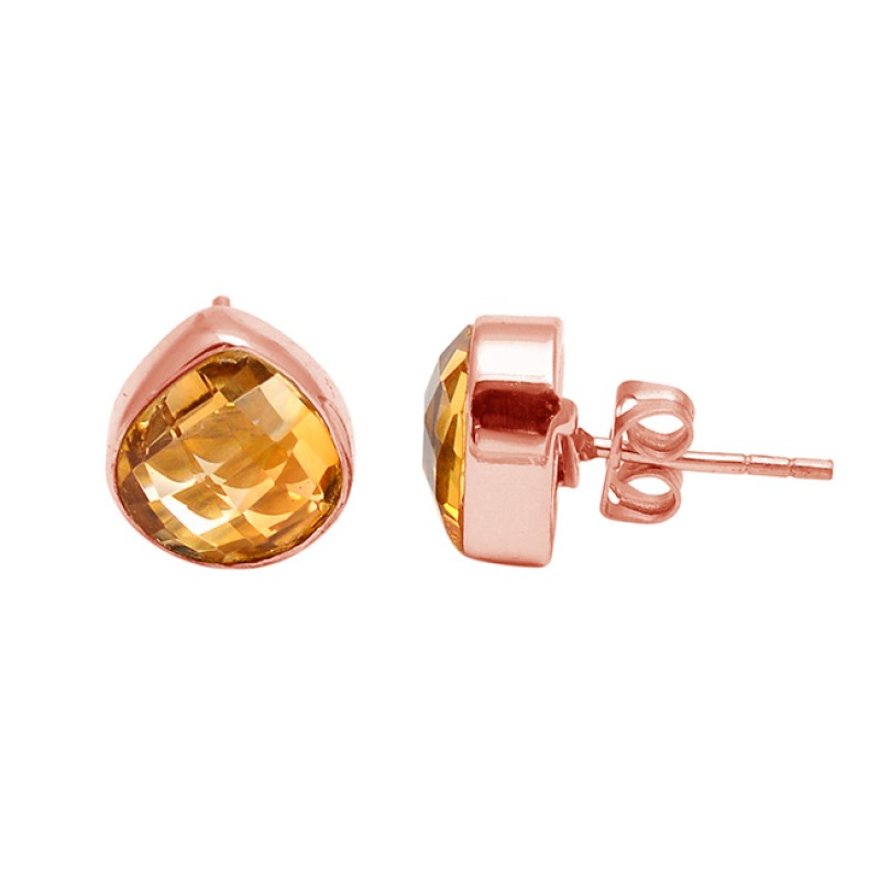 Briolette Heart Shape Citrine Gemstone Handcrafted Gold Plated Stud Earrings