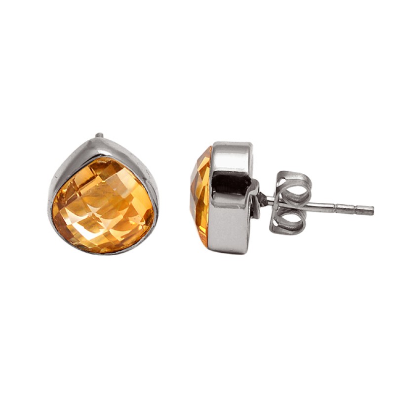 Briolette Heart Shape Citrine Gemstone Handcrafted Gold Plated Stud Earrings