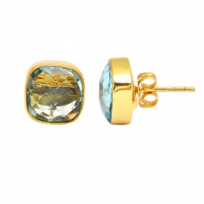 Cushion Shape Blue Topaz Gemstone 925 Sterling Silver Gold Plated Stud Earrings