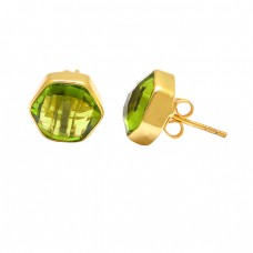 925 Sterling Silver Hexagon Shape Peridot Gemstone Gold Plated Stud Earrings