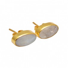 Oval Shape Rainbow Moonstone 925 Sterling Silver Gold Plated Stud Earrings