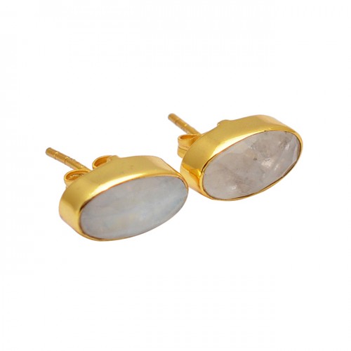 Oval Shape Rainbow Moonstone 925 Sterling Silver Gold Plated Stud Earrings