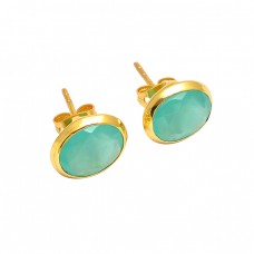 Aqua Chalcedony Round Shape Gemstone 925 Sterling Silver Gold Plated Stud Earrings