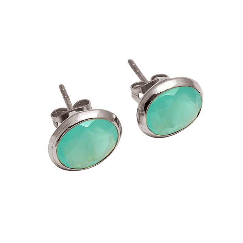 Aqua Chalcedony Round Shape Gemstone 925 Sterling Silver Gold Plated Stud Earrings