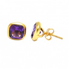 925 Sterling Silver Cushion Shape Amethyst Gemstone Gold Plated Stud Earrings