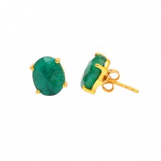 Prong Setting Oval Shape Emerald Gemstone 925 Sterling Silver Gold Plated Earrings