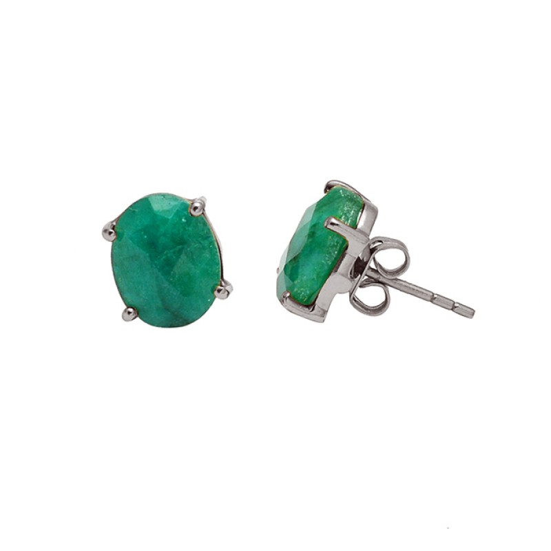 Prong Setting Oval Shape Emerald Gemstone 925 Sterling Silver Gold Plated Earrings