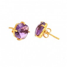 Prong Setting Amethyst Cushion Shape Gemstone Handmade Gold Plated Stud Earrings