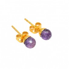 Round Balls Shape Amethyst Gemstone 925 Sterling Silver Gold Plated Stud Earrings