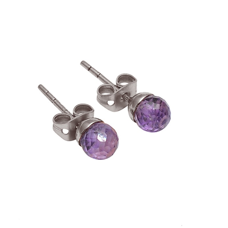 Round Balls Shape Amethyst Gemstone 925 Sterling Silver Gold Plated Stud Earrings