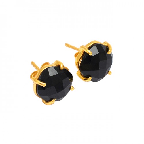 Prong Setting Black Onyx Round Shape Gemstone 925 Silver Gold Plated Earrings