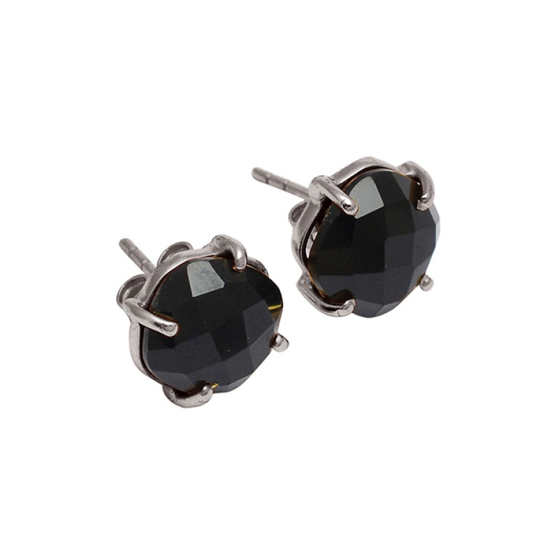 Prong Setting Black Onyx Round Shape Gemstone 925 Silver Gold Plated Earrings