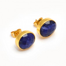 Briolette Oval Lapis Lazuli Gemstone Handmade Gold Plated Stud Earrings