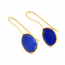 925 Sterling Silver Oval Shape Lapis Lazuli Gemstone Fixed Ear Wire Gold Plated Earrings