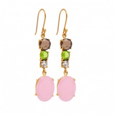 925 Sterling Silver Multi Color Gemstone Prong Setting Gold Plated Dangle Earrings