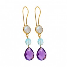 Amethyst Blue Topaz Moonstone 925 Sterling Silver Gold Plated Dangle Earrings