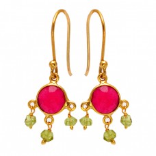 Ruby Peridot Gemstone 925 Sterling Silver Gold Plated Dangle Earrings