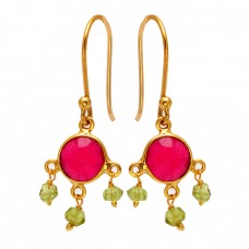 Ruby Peridot Gemstone 925 Sterling Silver Gold Plated Dangle Earrings