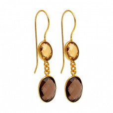 Oval Shape Citrin Smoky Quartz Gemstone 925 Sterling Silver Gold Plated Dangle Earrings