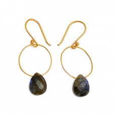 Briolette Pear Shape Labradorite Gemstone 925 Sterling Silver Gold Plated Earrings