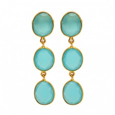 Aqua Chalcedony Oval Shape Gemstone 925 Sterling Silver Gold Plated Stud Earrings