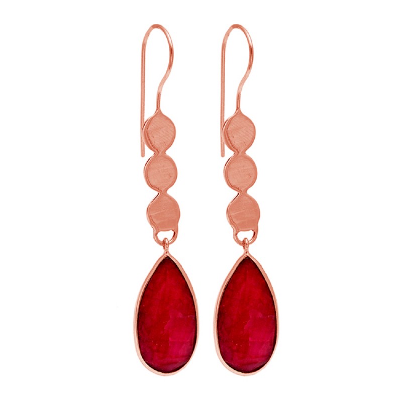 Handcrafted Pear Shape Ruby Gemstone Fixed Ear Wire Dangle Gold Plated Earrings