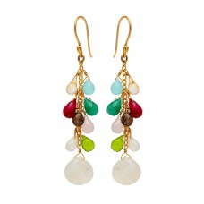 Stylish Pear Drops Heart Shape Multi Gemstone Gold Plated Chain Dangle Earrings : Price$18.50