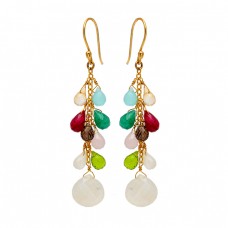 Stylish Pear Drops Heart Shape Multi Gemstone Gold Plated Chain Dangle Earrings