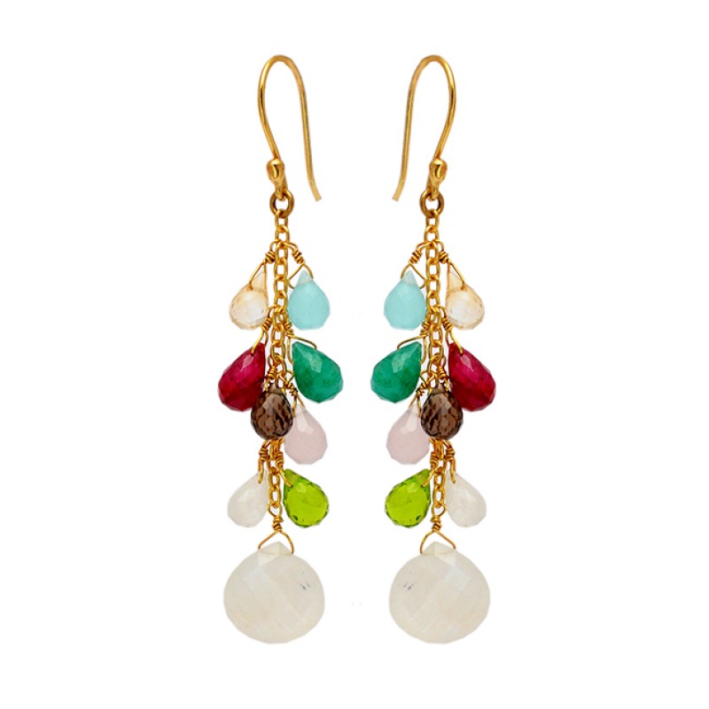 
									Stylish Pear Drops Heart Shape Multi Gemstone Gold Plated Chain Dangle Earrings