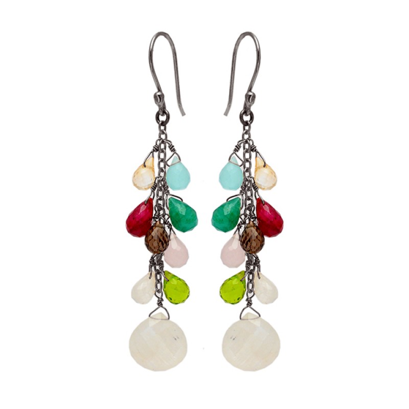 Stylish Pear Drops Heart Shape Multi Gemstone Gold Plated Chain Dangle Earrings