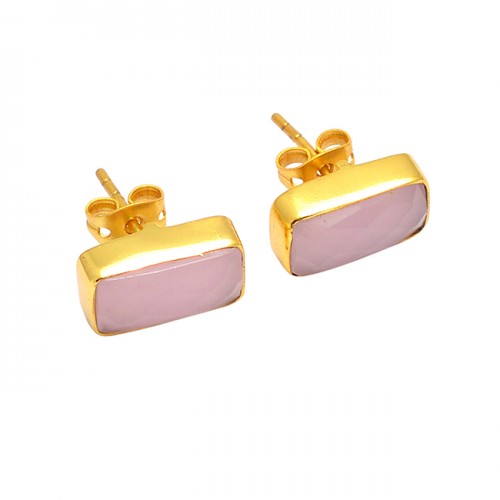 Rectangle Shape Rose Chalcedony Gemstone 925 Silver Gold Plated Stud Earrings