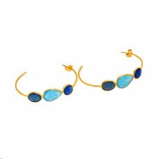 Oval Round Shape Chalcedony Gemstone Handcrafted Gold Plated Hoop Designer Earrings