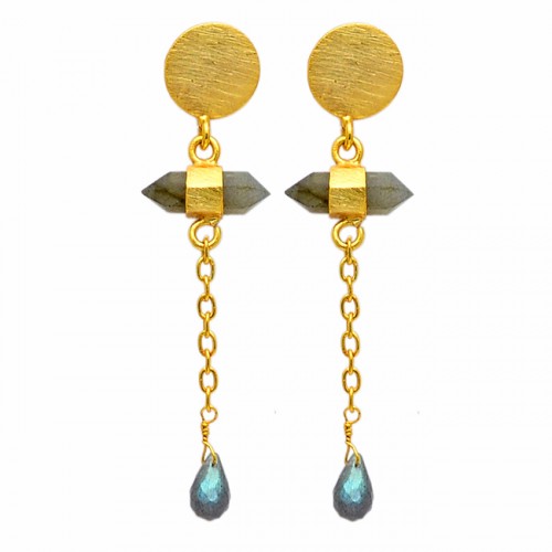 Labradorite Pear Pencil Shape Gemstone Hanging Chain Gold Plated Dangle Stud Earrings