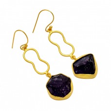925 Sterling Silver Raw Material Amethyst Rough Gemstone Gold Plated Dangle Earrings