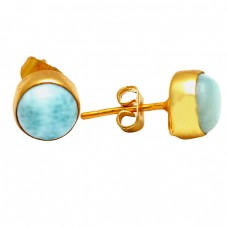 Round Shape Larimar Gemstone 925 Sterling Silver Gold Plated Stud Earrings