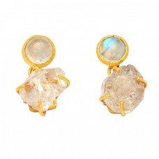 Rainbow Moonstone Herkimer Diamond Gemstone 925 Silver Gold Plated Stud Earrings