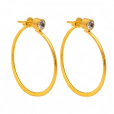 Herkimer Diamond Round Shape Gemstone 925 Silver Gold Plated Hoop Earrings