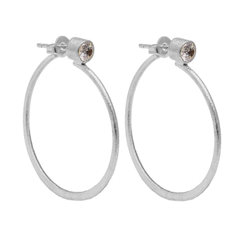 Herkimer Diamond Round Shape Gemstone 925 Silver Gold Plated Hoop Earrings