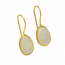 Oval Shape Rainbow Moonstone 925 Sterling Silver Gold Plated Fixed Ear Wire Earrings