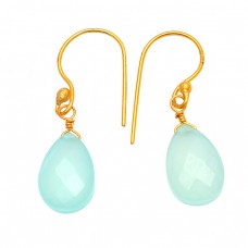 Pear Drops Shape Aqua Chalcedony Gemstone 925 Sterling Silver Gold Plated Earrings